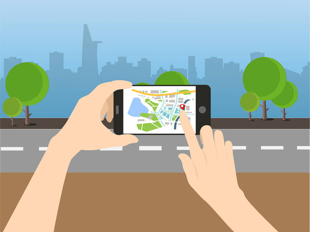 Žena držící černý smartphone s GPS navigační mapou aplikace se dostat do cíle, který chcete. - Vektor, obrázek