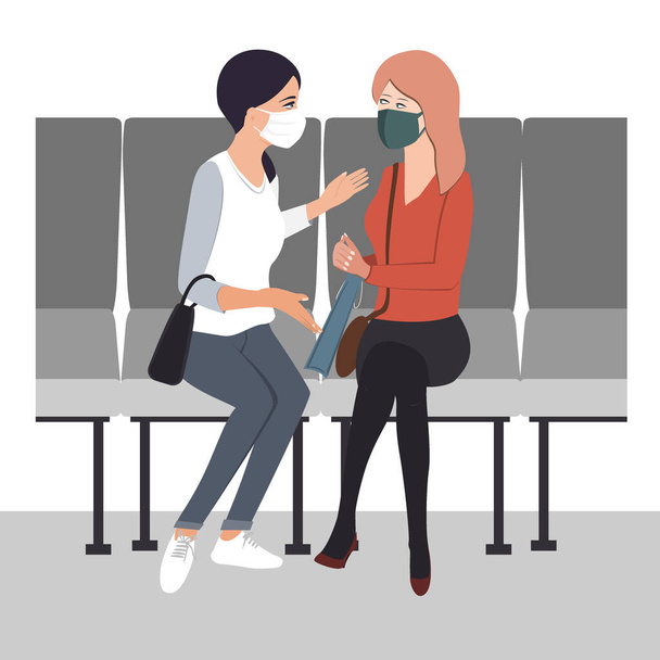 Two young women friends communicate with protective masks on their faces. Flat vector illustration - Vector, Image
