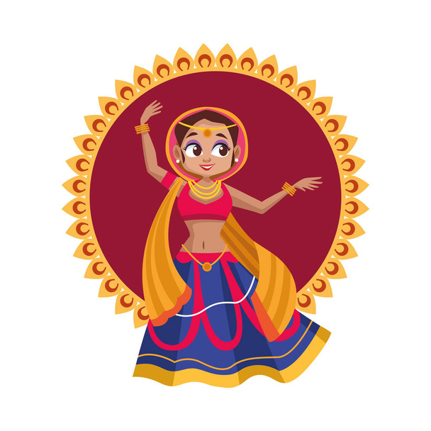 diwali femme dessin animé avec tissu traditionnel dansant sur mandala vecteur design - Vecteur, image