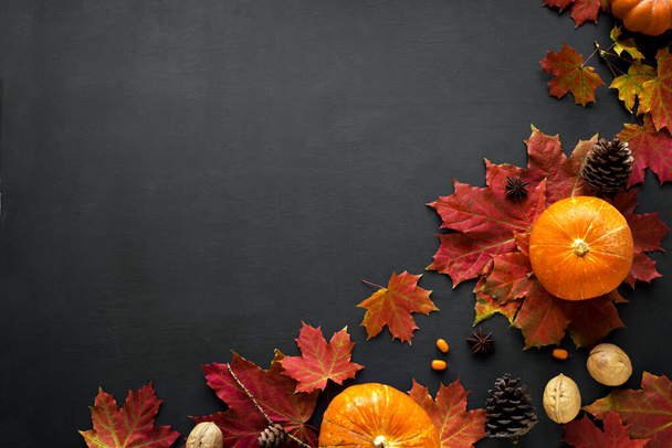Autumn composition - Pumpkins, autumn maple leaves, pine cones  on dark background, creative flat lay, top view, copy space. Seasonal autumn holiday concept. - 写真・画像