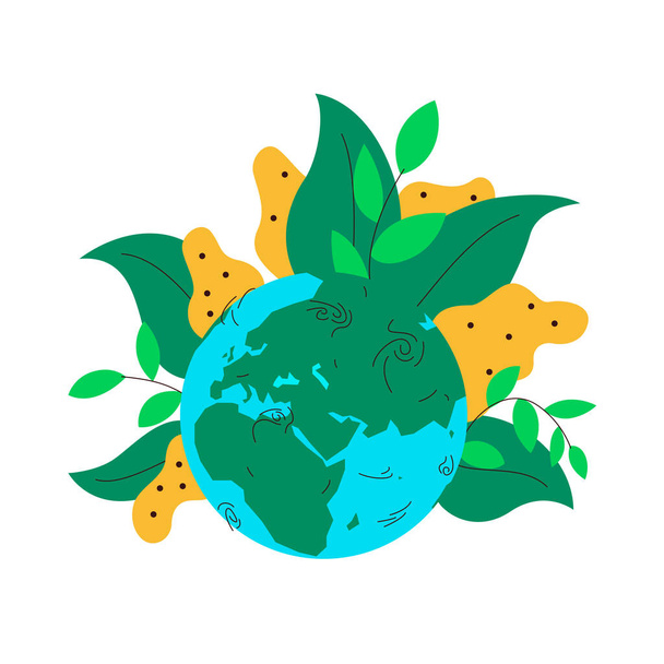Тропическая растительность на планете. Векторная концепция красочной иллюстрации земного шара с пышными и большими тропическими растениями, растущими на нем. Представляет собой концепцию посадки, зеленых насаждений, цветов, тропических лесов, растений - Вектор,изображение