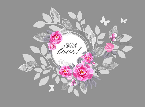 Beautiful floral frame with pink flowers. With love. Vector illustration - Vektori, kuva
