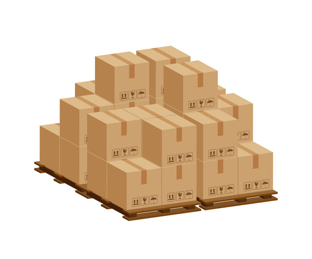 木製パレット上の3次元の杭箱、工場倉庫保管中の段ボール箱付きの木製パレット、倉庫工場の段ボール箱スタック、梱包貨物、白で隔離された茶色の箱 - ベクター画像