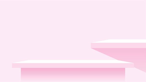 Holzplankenregal an der Wand rosa pastellweiche Farbe, modernes Regal für die Ausstellung im Raum Wandraum, niedliche und schicke Thekenplatte zur Dekoration, leere Tischplatte rosa, Hintergrundkopierraum - Vektor, Bild