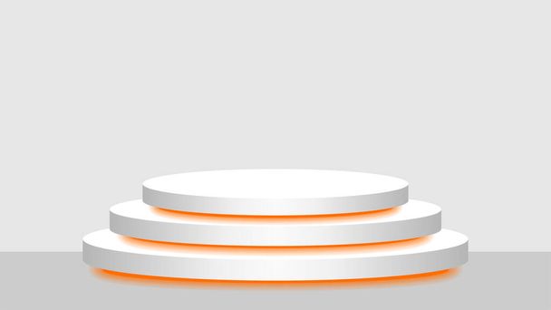 круговой пьедестал 3d белый и оранжевый свет неоновая лампа светится, косметика дисплей современный и привели свет, подиум сцены шоу для позиции декор оранжевый флуоресцентный светящийся свет, пьедестал коробка для продукта место - Вектор,изображение