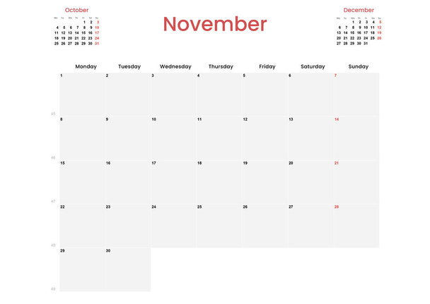 Kalender 2021, vorbereitet durch Monate auf Spanisch für Din A3. Monat November - Foto, Bild