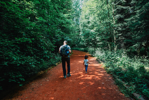 Padre llevando una mochila e hijo sosteniendo un palo caminando juntos en un camino en el bosque, Bosque de Belgrado, Estambul, Turquía - Foto, Imagen
