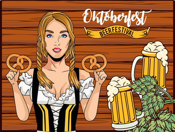 oktoberfest γυναίκα κινουμένων σχεδίων με παραδοσιακά κουλούρια ύφασμα και ποτήρια μπύρα διάνυσμα σχεδιασμό - Διάνυσμα, εικόνα
