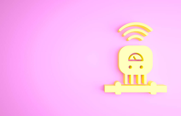 Ikona žlutého inteligentního senzoru izolovaná na růžovém pozadí. Internet věcí koncept s bezdrátovým připojením. Minimalismus. 3D ilustrace 3D vykreslení - Fotografie, Obrázek