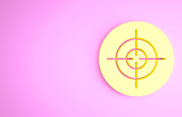 ピンクの背景に隔離されたイエローターゲットスポーツアイコン。射撃範囲や射撃のための数字でクリーンなターゲット。最小限の概念。3Dイラスト3Dレンダリング - 写真・画像