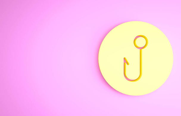 Gele vishaak pictogram geïsoleerd op roze achtergrond. Visserij tackle. Minimalisme concept. 3d illustratie 3D renderen - Foto, afbeelding