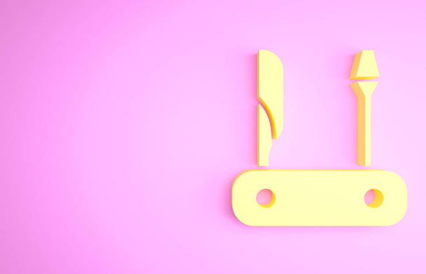 Żółta szwajcarska ikona noża odizolowana na różowym tle. Wielofunkcyjny scyzoryk. Wielofunkcyjne narzędzie. Koncepcja minimalizmu. Ilustracja 3D 3D renderowania - Zdjęcie, obraz