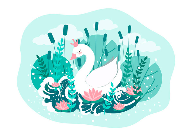 Leuke prinses zwaan en rivier natuur achtergrond. vectorillustratie - Vector, afbeelding