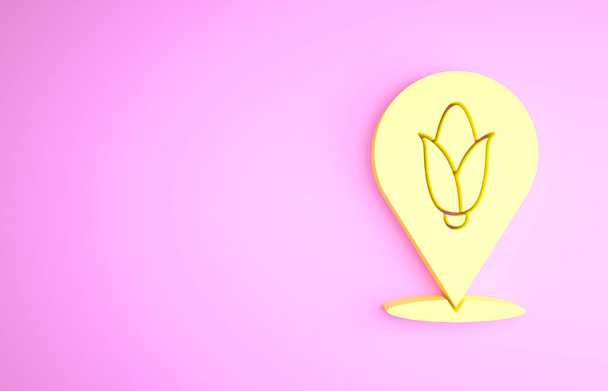 Icono de maíz ubicación amarilla aislado sobre fondo rosa. Concepto minimalista. 3D ilustración 3D render - Foto, imagen