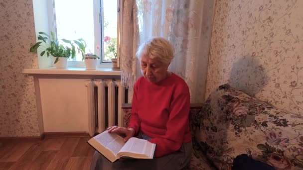 Donna caucasica anziana che legge un libro a casa - Filmati, video