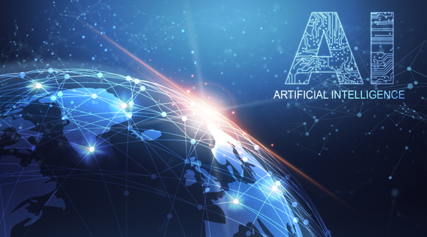 Tecnologías AI. Concepto de Inteligencia Artificial con Globo de Tierra 3D y Conexiones Poligonales - Foto, Imagen