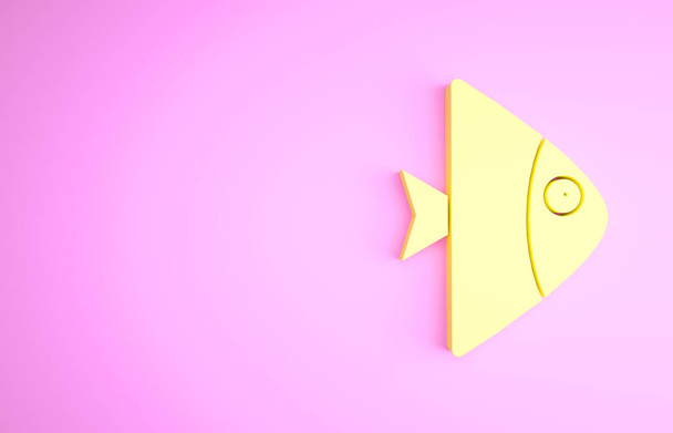 Желтая иконка рыбы выделена на розовом фоне. Концепция минимализма. 3D-рендеринг - Фото, изображение
