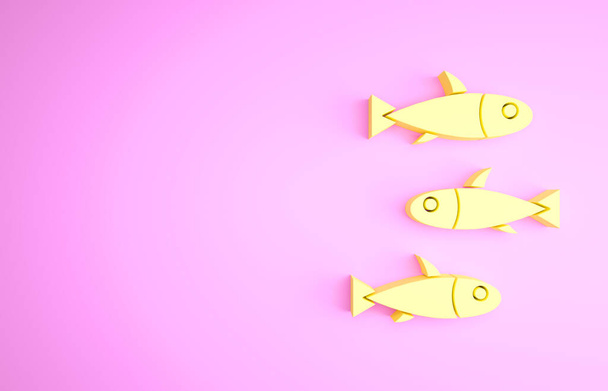 ピンクの背景に隔離された黄色の魚のアイコン。最小限の概念。3Dイラスト3Dレンダリング - 写真・画像