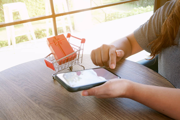 Vrouw en klein winkelwagentje met smartphone voor internet online shopping concept  - Foto, afbeelding