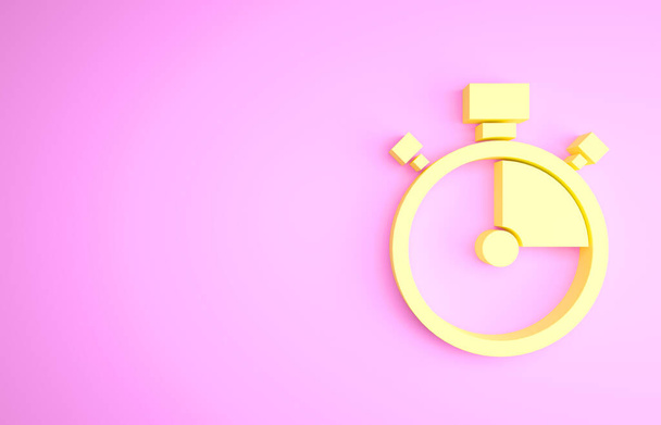 Жовта піктограма секундоміра ізольована на рожевому фоні. Часовий знак таймера. Знак хронометра. Концепція мінімалізму. 3D ілюстрація 3D рендеринга
 - Фото, зображення