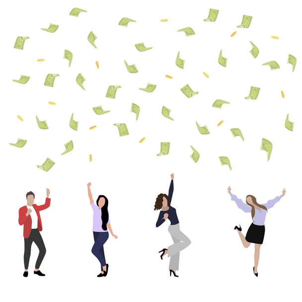ビジネスチームは勝利を楽しみ、お金の雨の下で踊る。ベクトル成功した雨の収入,女性と男性従業員幸せなお祝いイラスト - ベクター画像