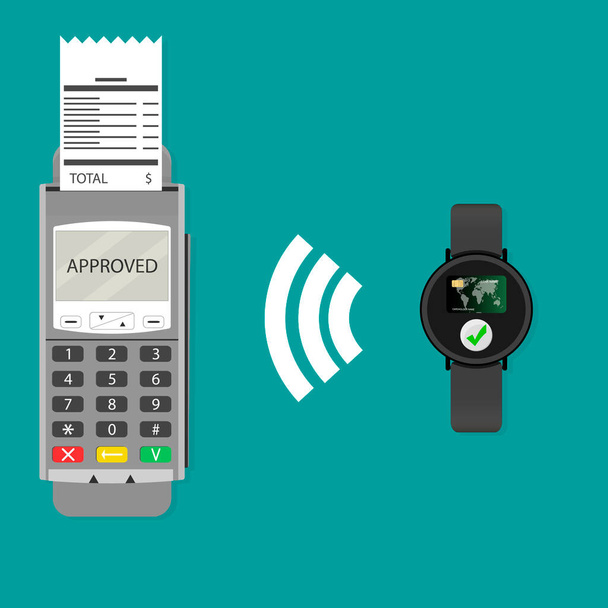 Paypass with smartwatch. Vector transaction contactless wireless. Modern payment transaction, cashless checkout, smartwatch transfer money for purchase. Vector illustration - Vector, Image