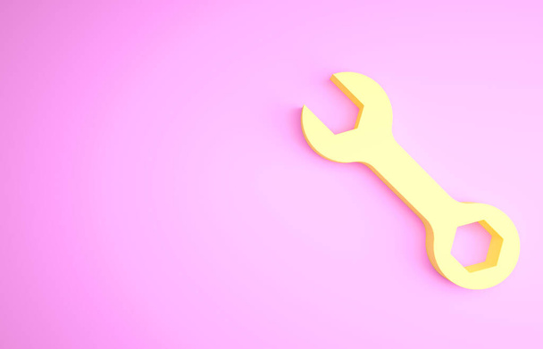 Κίτρινο κλειδί κλειδιού εικονίδιο απομονωμένο σε ροζ φόντο. Μινιμαλιστική έννοια. 3d απεικόνιση 3D καθιστούν - Φωτογραφία, εικόνα