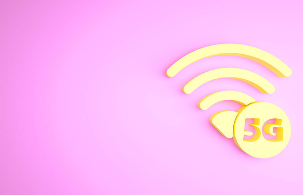 黄色の5G新しいワイヤレスインターネット無線LAN接続アイコンピンクの背景に隔離されました。グローバルネットワーク高速接続データレート技術。最小限の概念。3Dイラスト3Dレンダリング - 写真・画像