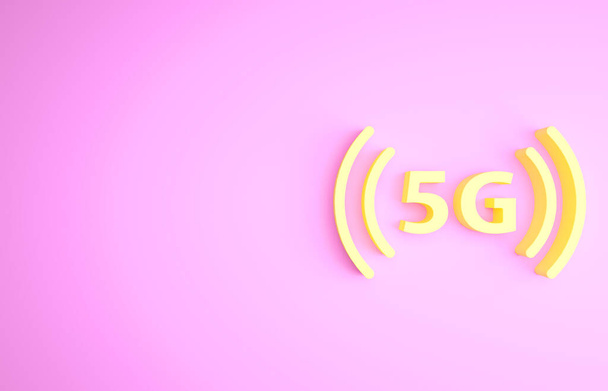 Жовтий 5G новий бездротовий інтернет Wi-Fi значок ізольований на рожевому фоні. Глобальна мережа технології високошвидкісного з'єднання даних швидкості. Концепція мінімалізму. 3D ілюстрація 3D рендеринга
 - Фото, зображення