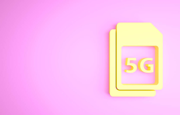 Żółta ikona karty SIM 5G izolowana na różowym tle. Mobilne i bezprzewodowe technologie komunikacyjne. Elektroniczne połączenie chipowe. Koncepcja minimalizmu. Ilustracja 3D 3D renderowania - Zdjęcie, obraz