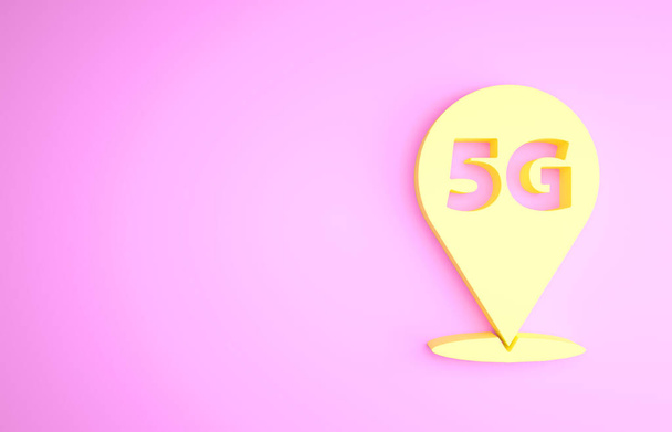Жовте місце розташування 5G новий бездротовий інтернет Wi-Fi значок ізольовано на рожевому фоні. Глобальна мережа технології високошвидкісного з'єднання даних швидкості. Концепція мінімалізму. 3D ілюстрація 3D рендеринга
 - Фото, зображення