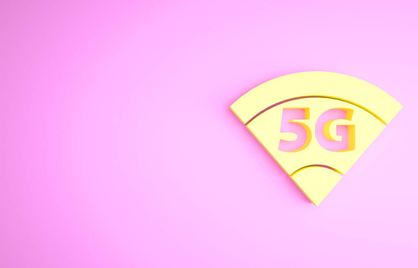 Žlutá 5G nové bezdrátové připojení k internetu ikona izolované na růžovém pozadí. Technologie vysokorychlostního připojení globální sítě. Minimalismus. 3D ilustrace 3D vykreslení - Fotografie, Obrázek