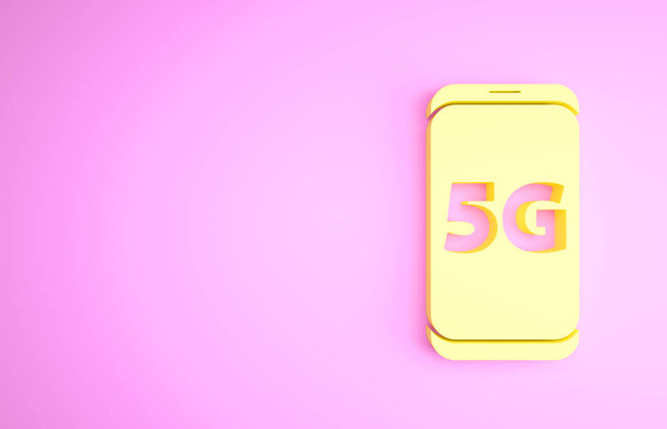 Yellow Mobile met 5G nieuw draadloos internet wifi icoon geïsoleerd op roze achtergrond. Wereldwijd netwerk hoge snelheid verbinding datasnelheid technologie. Minimalisme concept. 3d illustratie 3D renderen - Foto, afbeelding