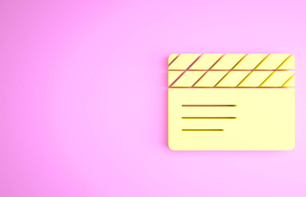 ピンクの背景に隔離された黄色のムービークラッパーアイコン。フィルムクラッパーボード。クラッパーボードのサインだ。映画制作やメディア業界。最小限の概念。3Dイラスト3Dレンダリング - 写真・画像