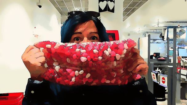 Style de peinture couleur numérique représentant une jeune femme tenant un sac plein de bonbons devant son visage - Photo, image