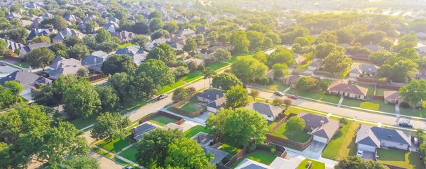 Panorama aerial view urban sprawl subdivision near Dallas, Texas, USA row of single family homes large fenced backyard - Photo, Image
