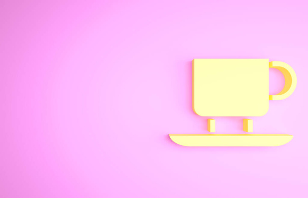 Gele koffiebeker pictogram geïsoleerd op roze achtergrond. Theekopje. Warme drank koffie. Minimalisme concept. 3d illustratie 3D renderen - Foto, afbeelding