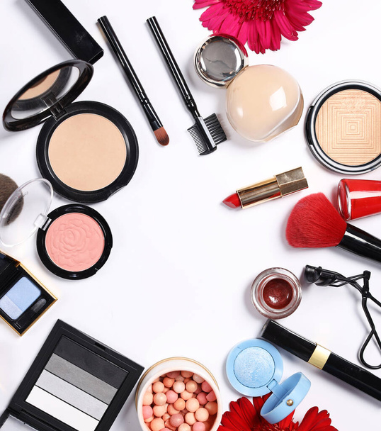 assortment of cosmetics for makeup lipstick powder eye shadow - Valokuva, kuva
