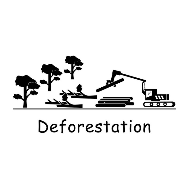 Вырубка лесов. Пиктограмма, изображающая лесозаготовительную машину, вырубающую лес, разрушающую окружающую среду. Black and white EPS Vector - Вектор,изображение
