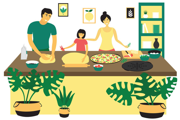 Happy family making pizza. father, mother cook in the kitchen. Dad kneads dough. Modern design concept of pastime at home. Bright flat vector illustration isolated on white background. - Vector, Image