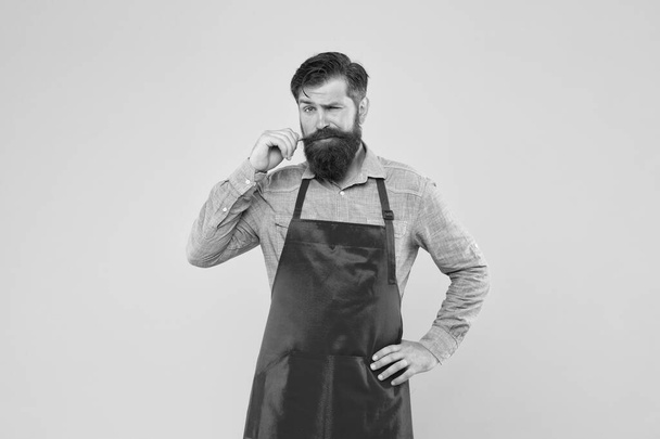 Hipster style. Well groomed macho barber. Barbershop concept. Hairdresser barber. Inspired for changes. Man brutal bearded hipster with mustache wear apron. Barbershop staff. Beard grooming salon - Valokuva, kuva