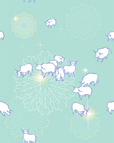 The new 2021 year of the bull. Seamless winter pattern. Blue background with white bulls. Snowflakes and sparkles.Graphic hand drawing for holiday backgrounds, packaging, labels, postcards, textil - Vector, Image