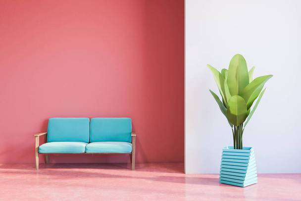 Interior of bright living room with white and pink walls, pink floor, blue sofa and potted plant. 3d rendering - Fotó, kép