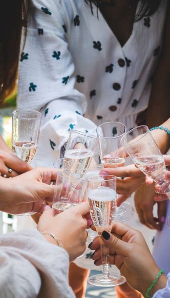 glasses with champagne on bachelorette party - Photo, Image