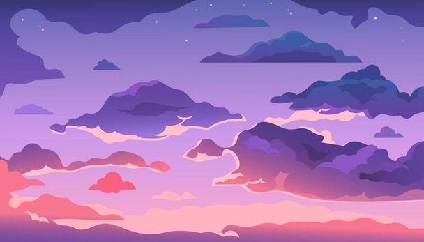 Вечернее небо мультфильма. Закат или утренний пейзаж с облаками и градиентным небом, красочные небеса фоне. Векторный облачный летний воздух - Вектор,изображение