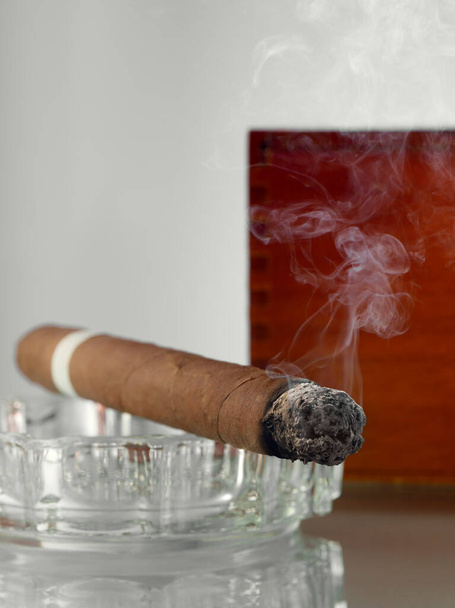 vista de cerca del cigarro hecho a mano cubano está siendo fumado en la espalda gris - Foto, imagen