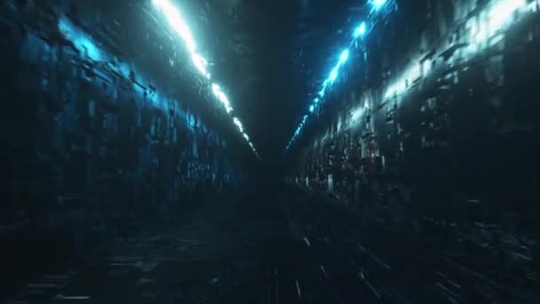 Niekończący się lot futurystycznym metalowym korytarzem z oświetleniem neonowym. Technologia i koncepcja przyszłości. Płynna pętla 3d renderowania. Współczesne widmo niebieskiego światła - Materiał filmowy, wideo