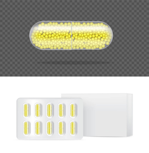 Mock up Realistic Transparent Pill Medicine Capsule Panel con caja sobre fondo blanco Vector Illustration. Tabletas Concepto Médico y de Salud. - Vector, Imagen