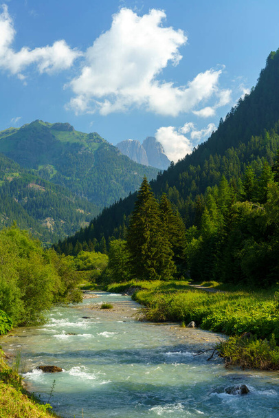 Górski krajobraz Dolomitów w lecie wzdłuż ścieżki rowerowej doliny Fassa, od Moena do Canazei, Trento, Trentino Alto Adige, Włochy - Zdjęcie, obraz
