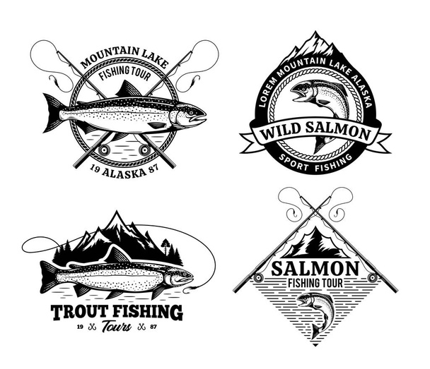 Distintivos de pesca vetorial com peixes detalhados, varas e montanhas. Torneio de pesca, passeios e acampamentos ilustrações - Vetor, Imagem